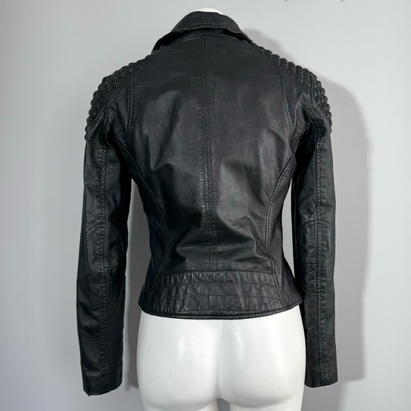 Mango Textured Panel Genuine Leather Biker Jacket Black XS Quilted Shoulder Moto - Picture 6 of 16